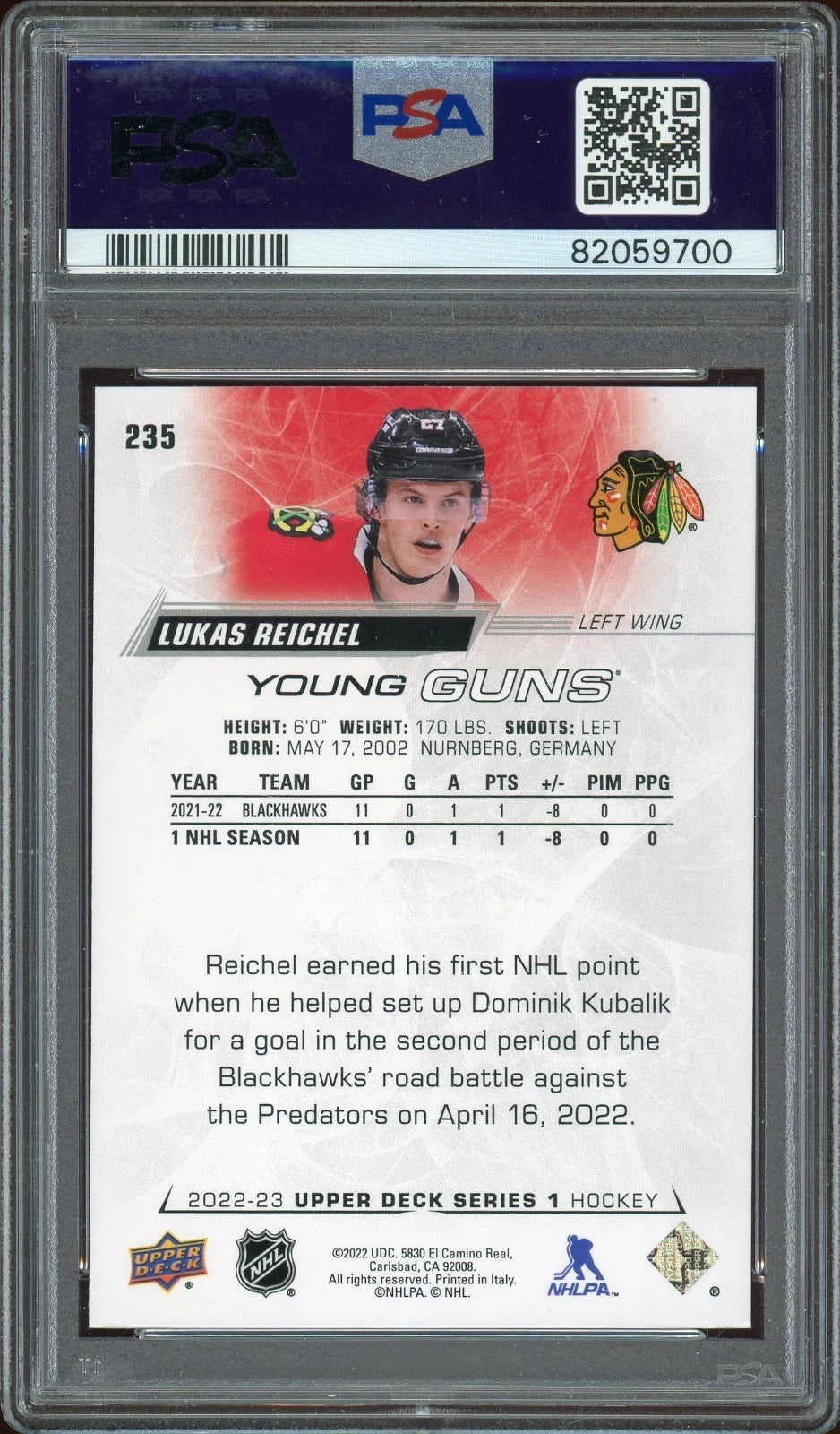 2022 Upper Deck #235 Lukas Reichel PSA 9 Mint
