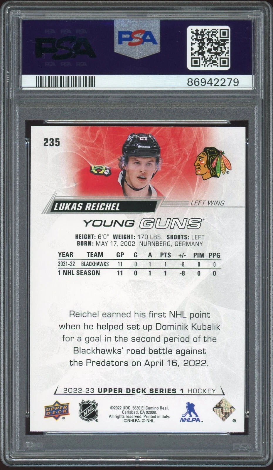 2022 Upper Deck #235 Lukas Reichel PSA 9