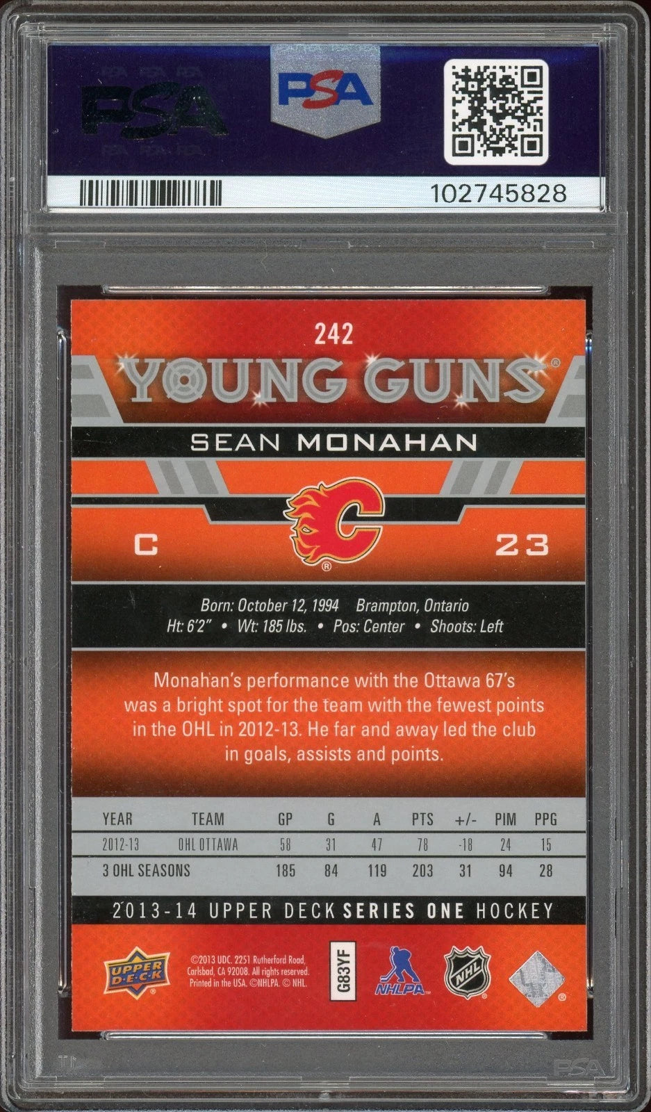 2013 Upper Deck #242 Sean Monahan PSA 9 Mint