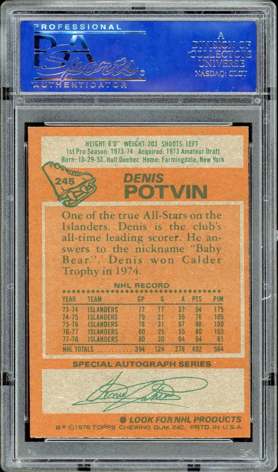 1978 Topps #245 Denis Potvin PSA 9 Mint