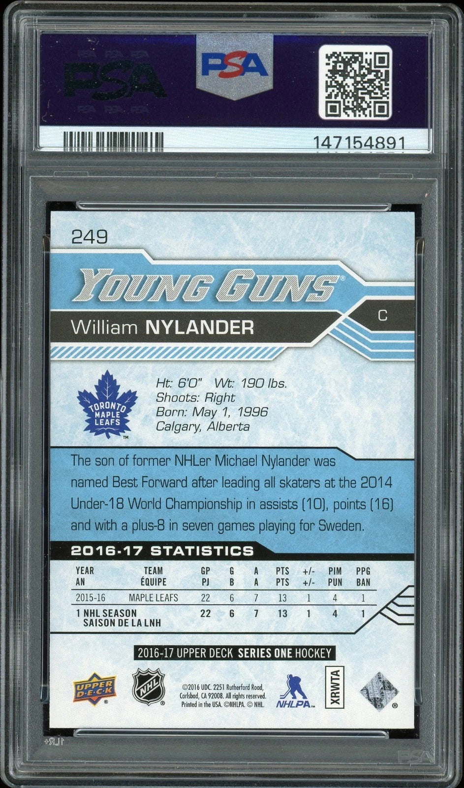 2016 Upper Deck #249 William Nylander PSA 9 Mint