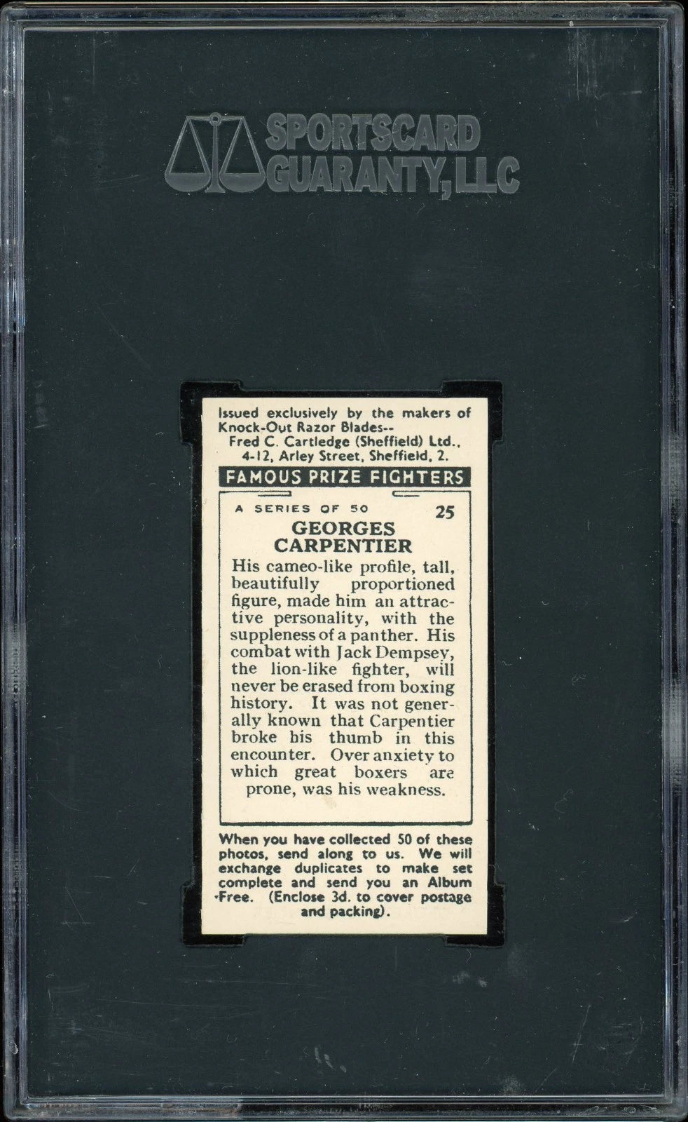 1938 F.C. Cartledge #25 Georges Carpentier Famous Prize Fighters SGC 9 Mint