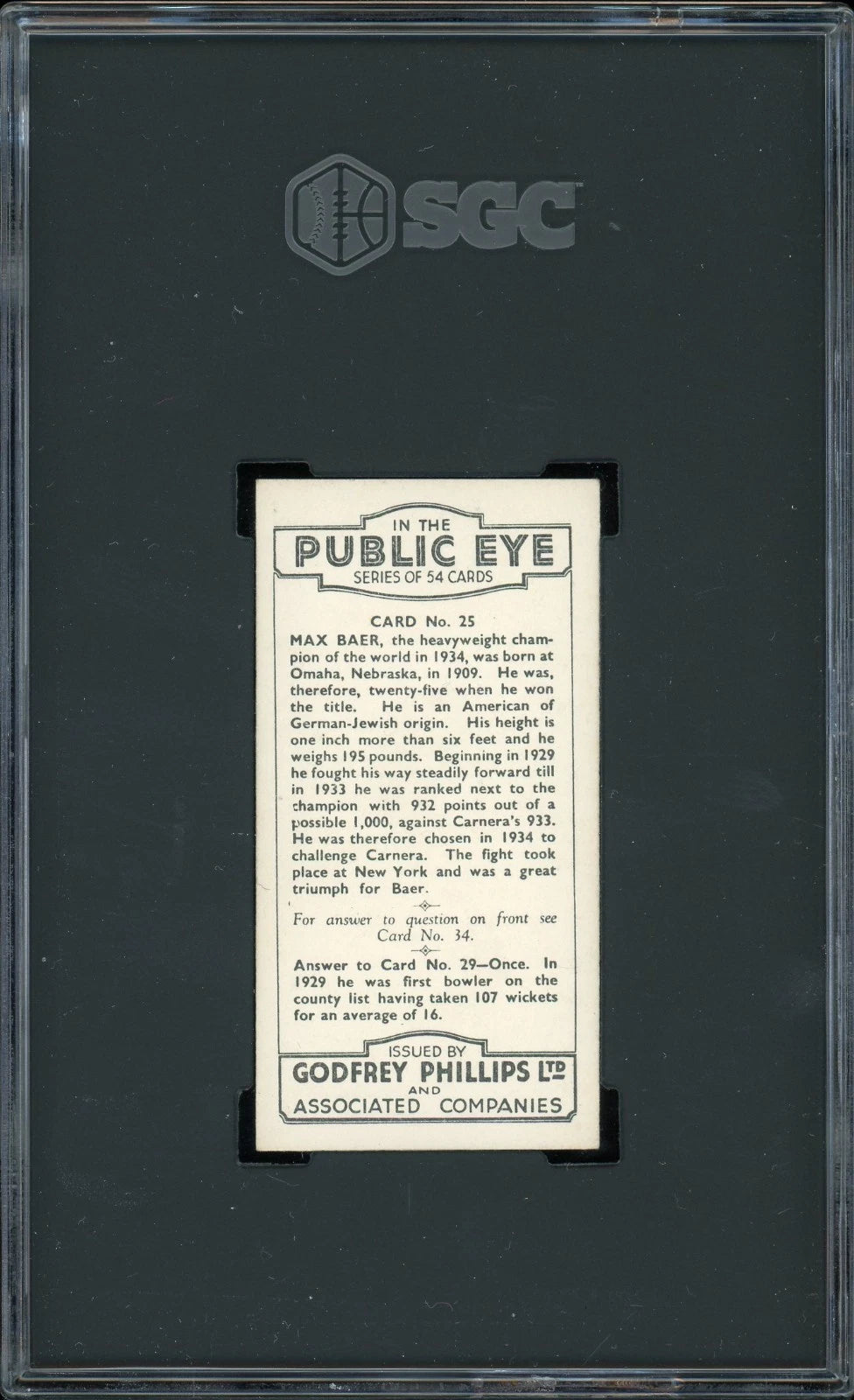 1935 Godfrey Phillips #25 Max Baer In The Public Eye SGC 5 EX