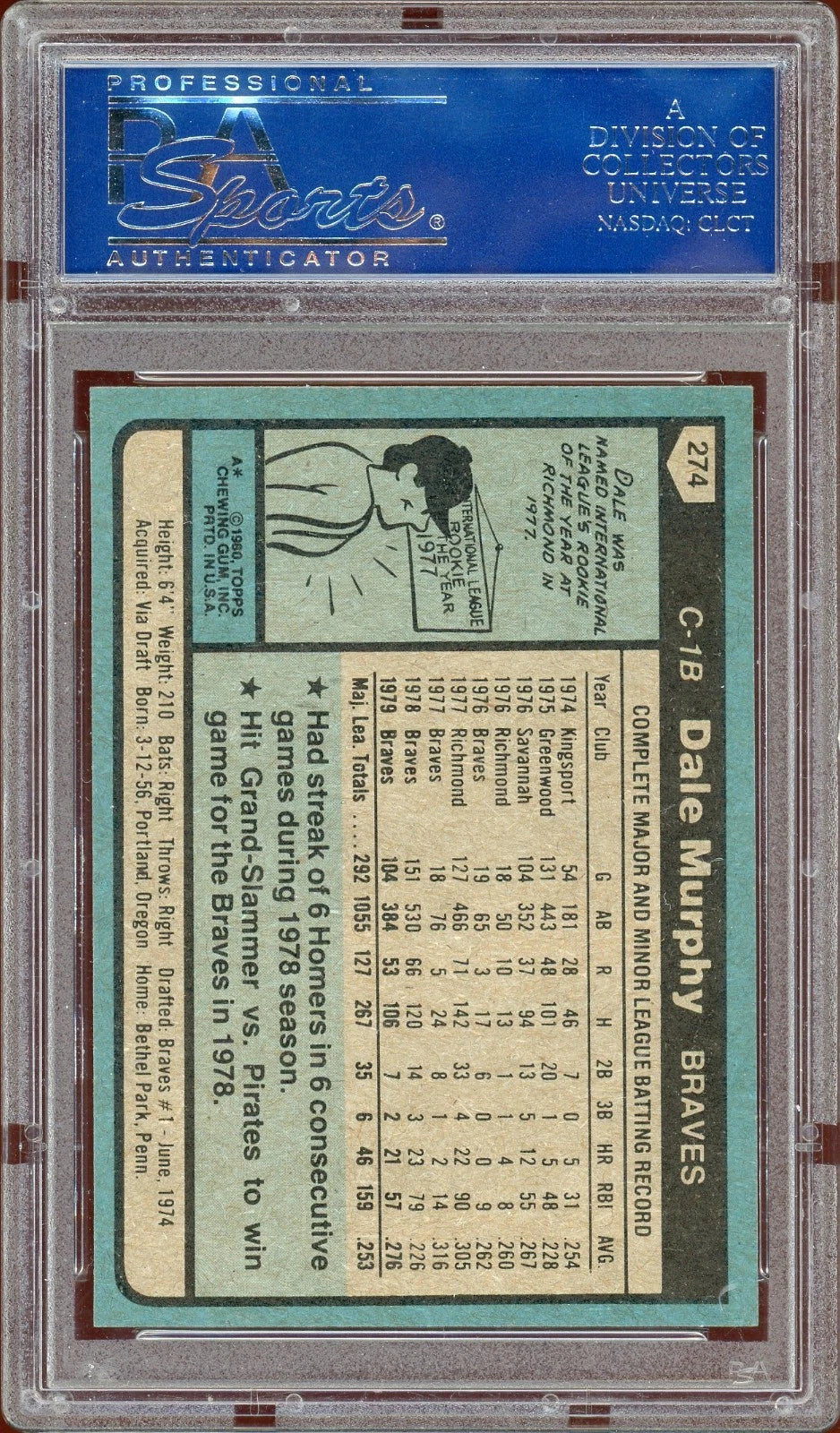 1980 Topps #274 Dale Murphy PSA 9 Mint