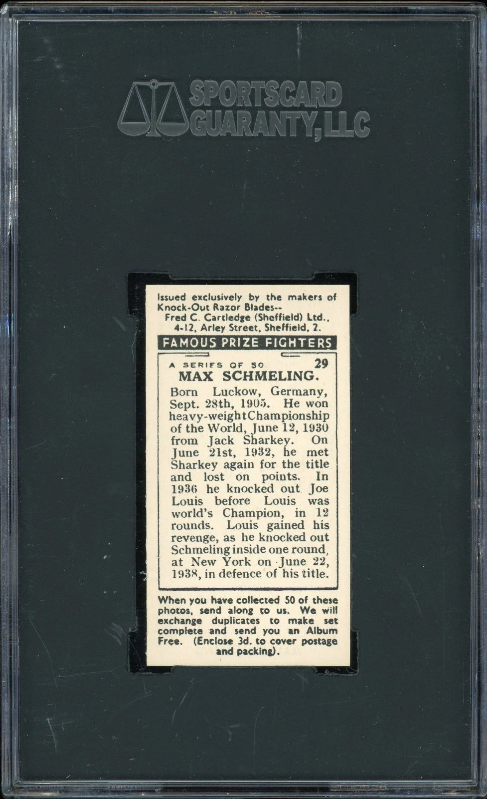 1938 F.C. Cartledge #29 Max Schmeling Famous Prize Fighters SGC 9 Mint