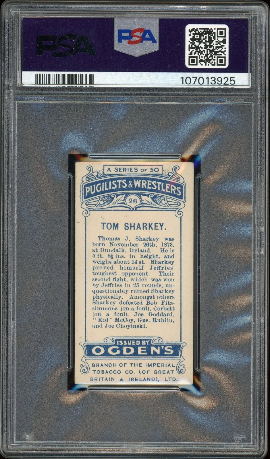 1908 Ogden's LTD #28 Tom Sharkey Pugilists & Wrestlers Cream Back PSA 3 VG