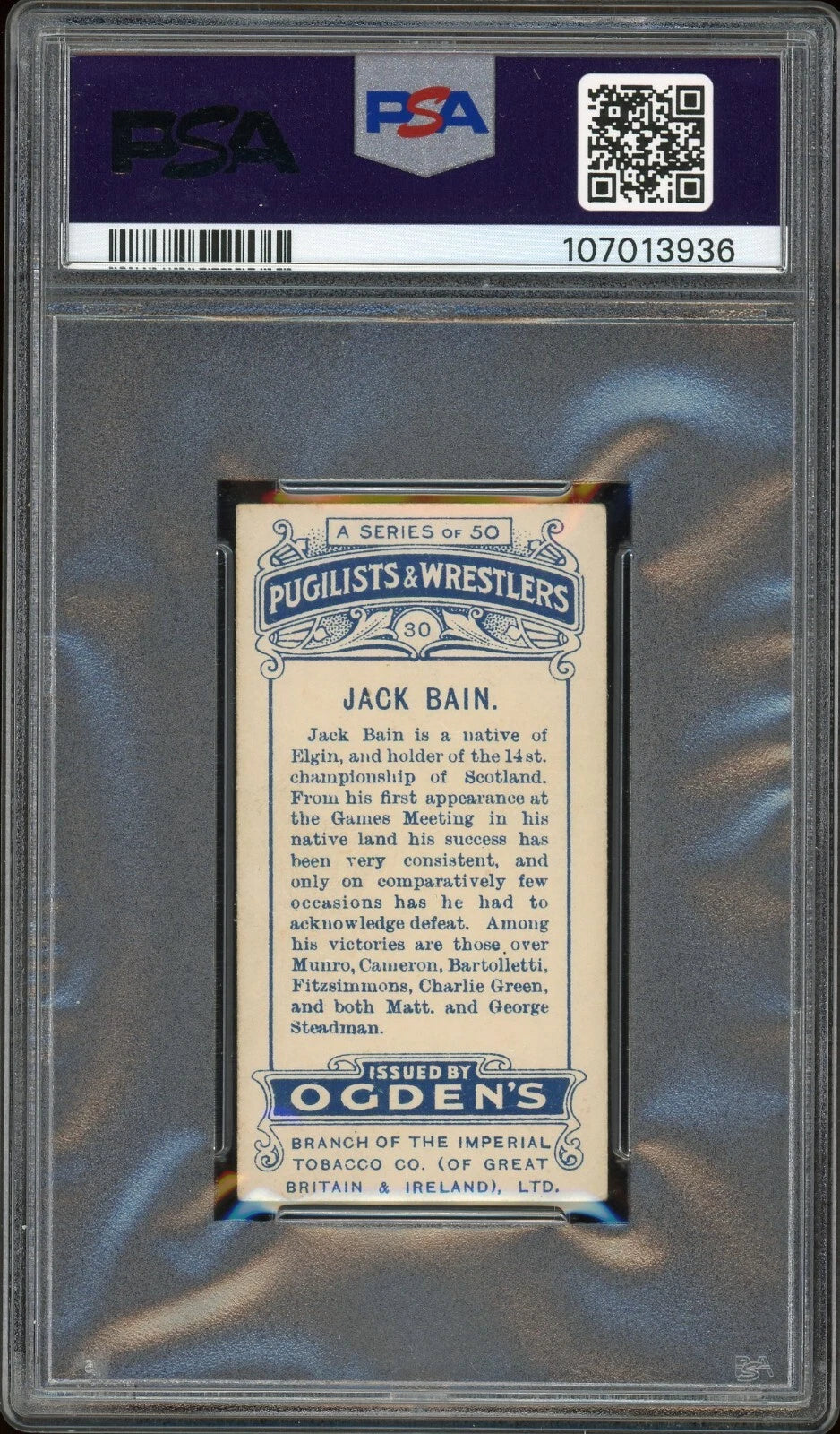 1908 Ogden's LTD #30 Jack Bain Pugilists & Wrestlers Cream Back PSA 3 VG