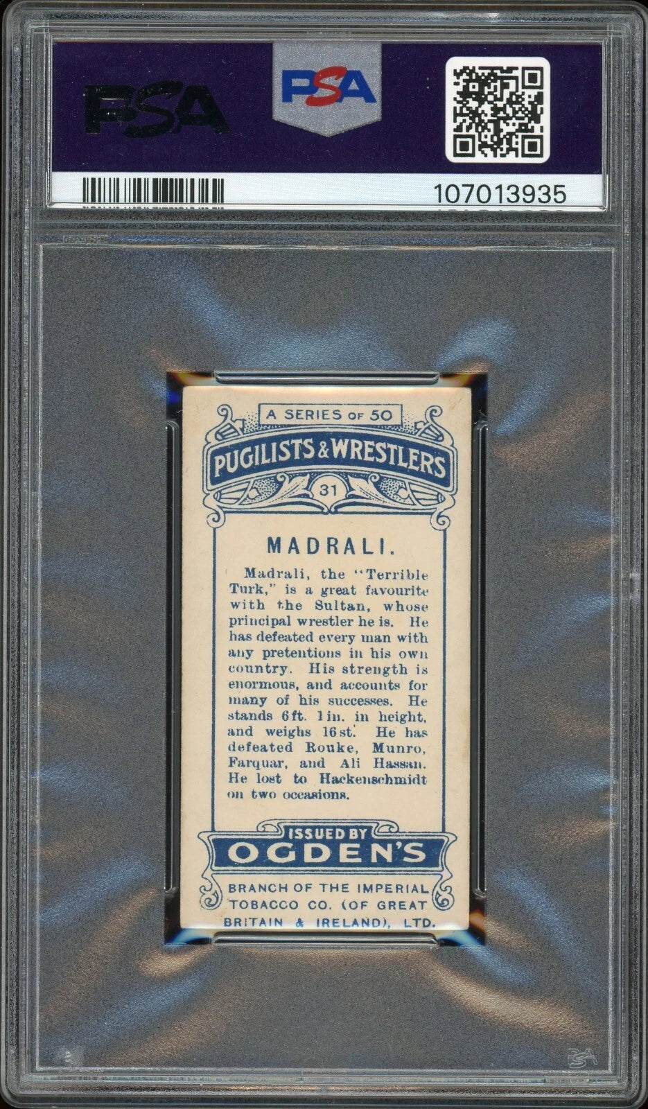1908 Ogden's LTD #31 Madrali Pugilists & Wrestlers Cream Back PSA 4 VG-EX