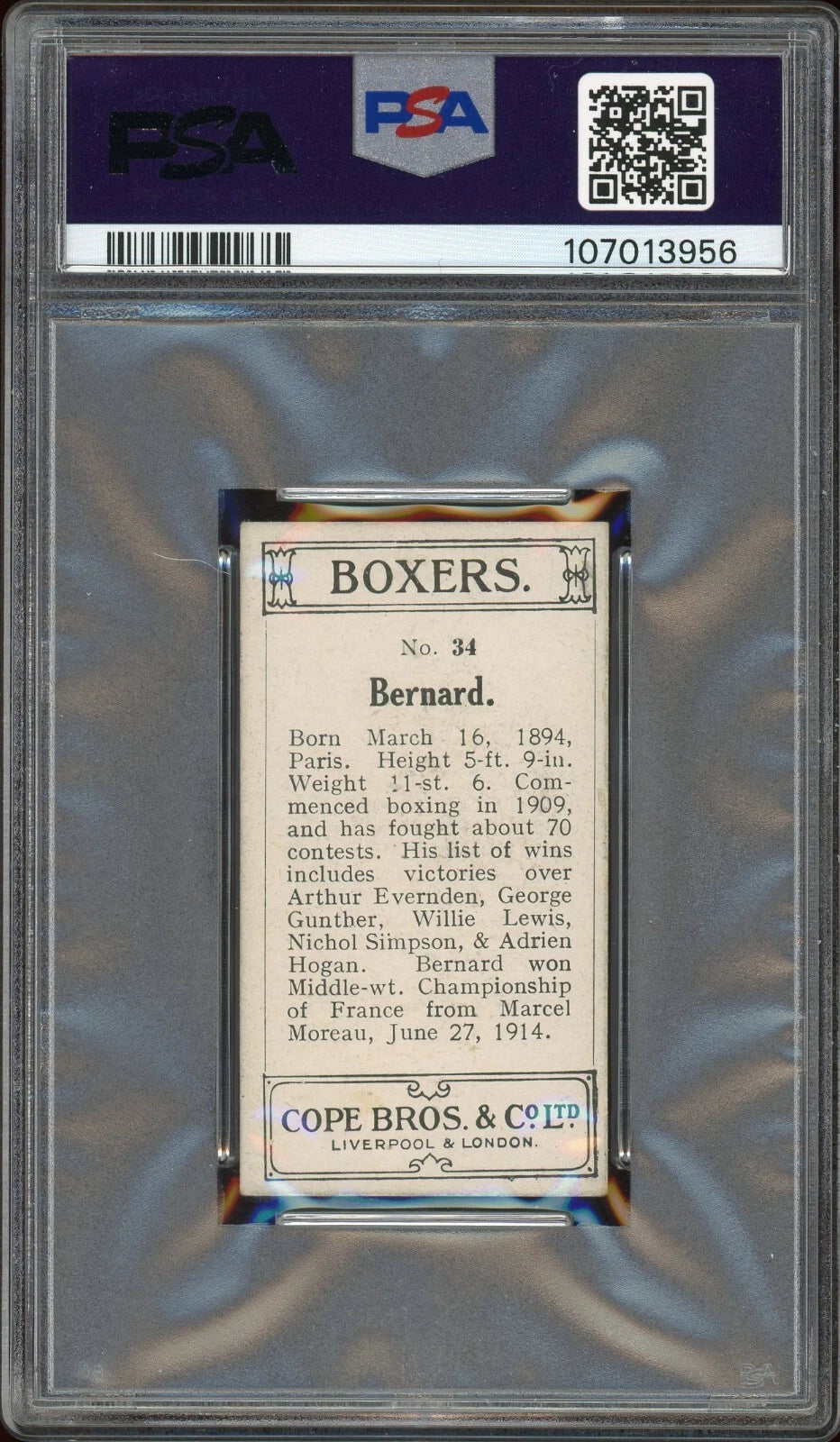 1915 Cope Bros & Co #34 Bernard Boxers PSA 4 VG-EX