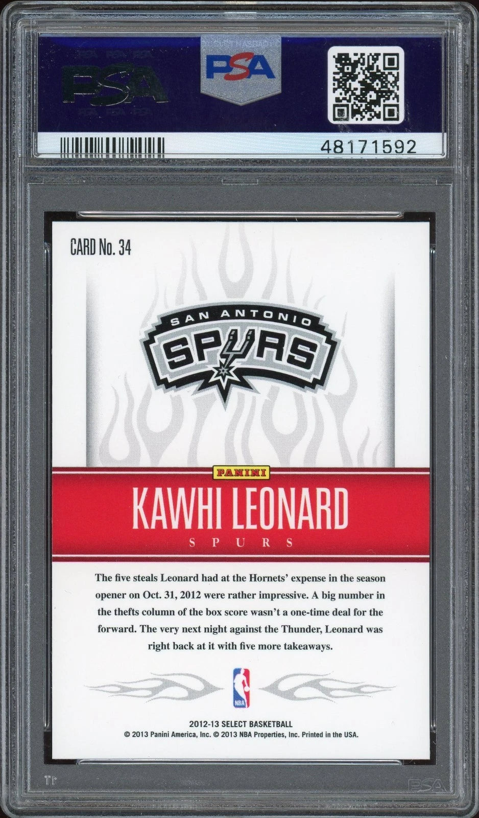 2012 Panini Select #34 Kawhi Leonard Hot Rookies PSA 9 MINT