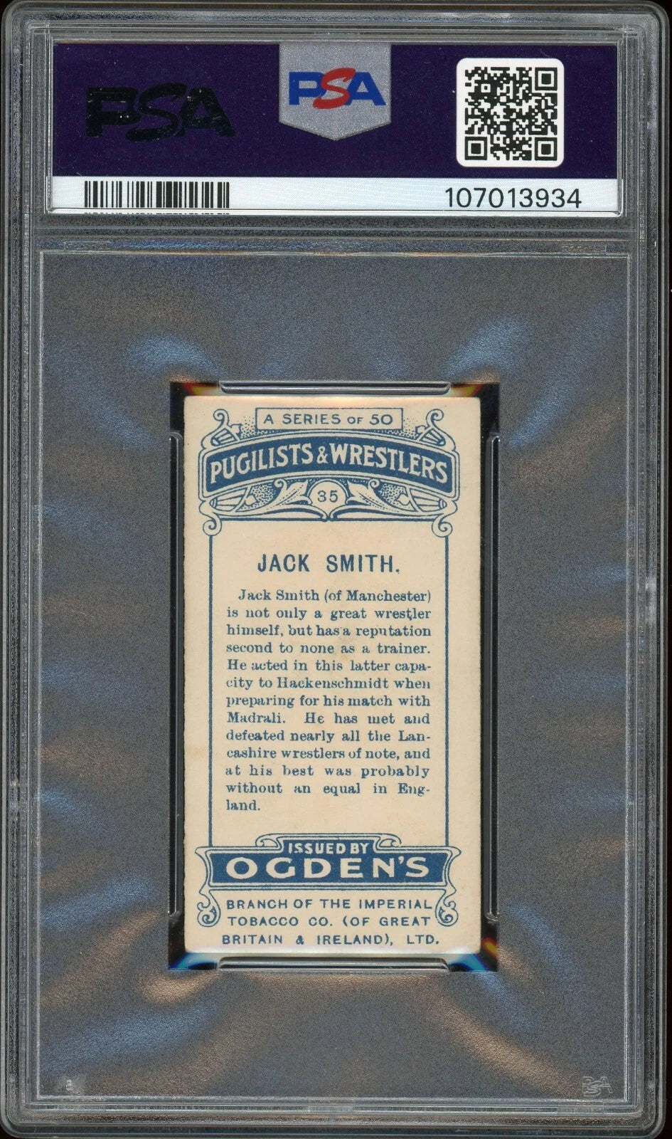 1908 Ogden's LTD #35 Jack Smith Pugilists & Wrestlers Cream Back PSA 3 VG