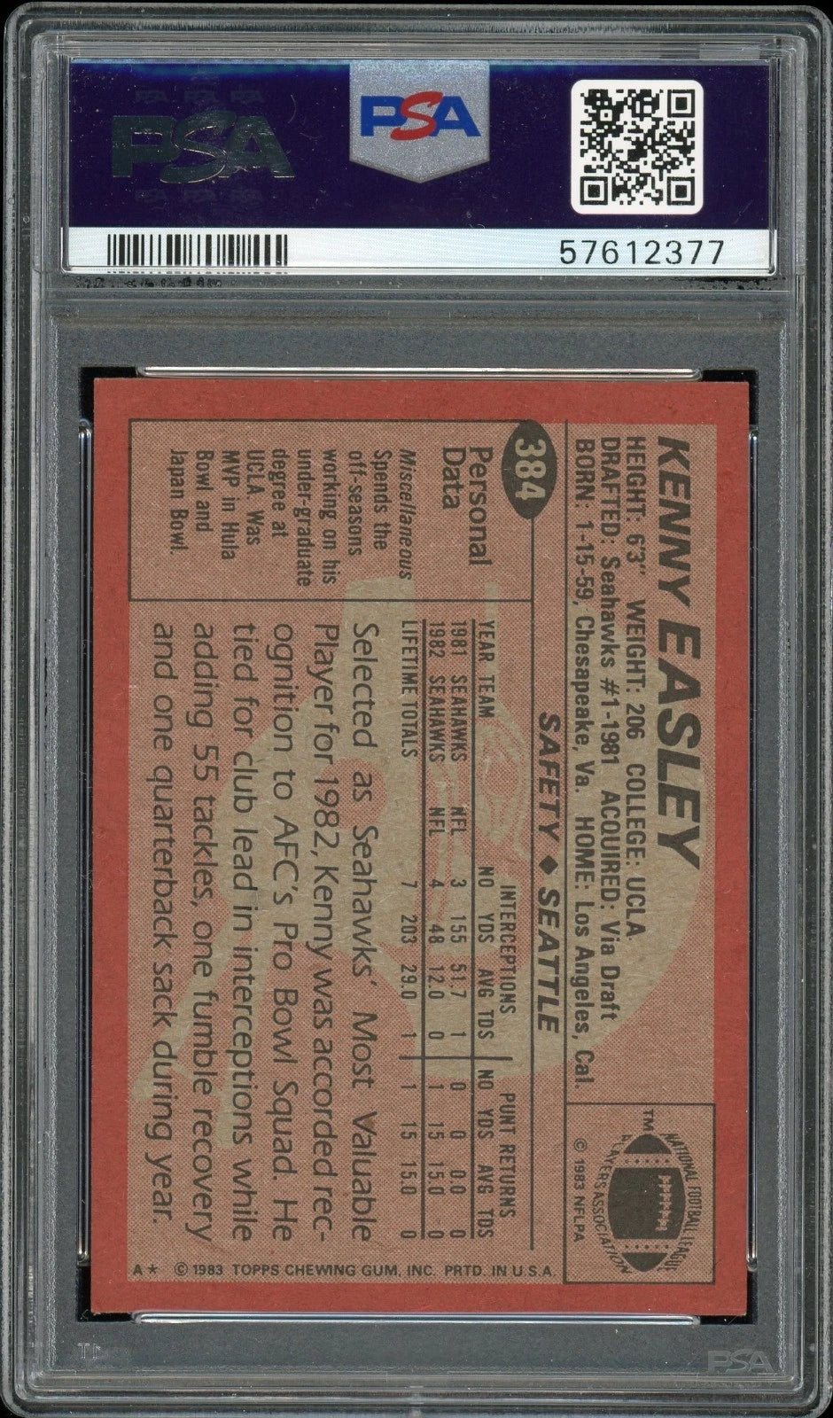 1983 Topps #384 Kenny Easley PSA 8 NM-MT