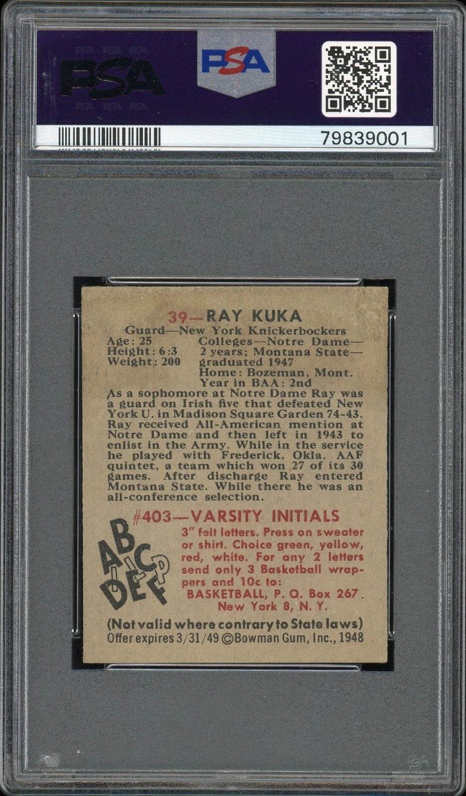 1948 Bowman #39 Ray Kuka PSA 5 EX