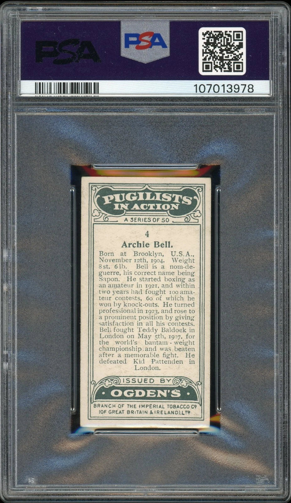 1928 Ogden's LTD #4 Archie Bell Pugilists in Action PSA 4 VG-EX