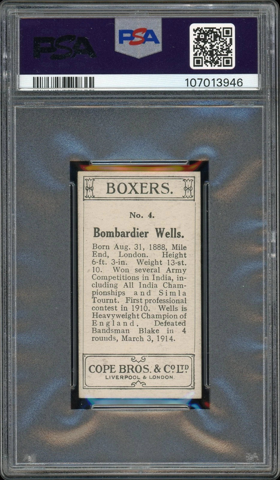 1915 Cope Bros & Co #4 Bombardier Wells Boxers PSA 4 VG-EX
