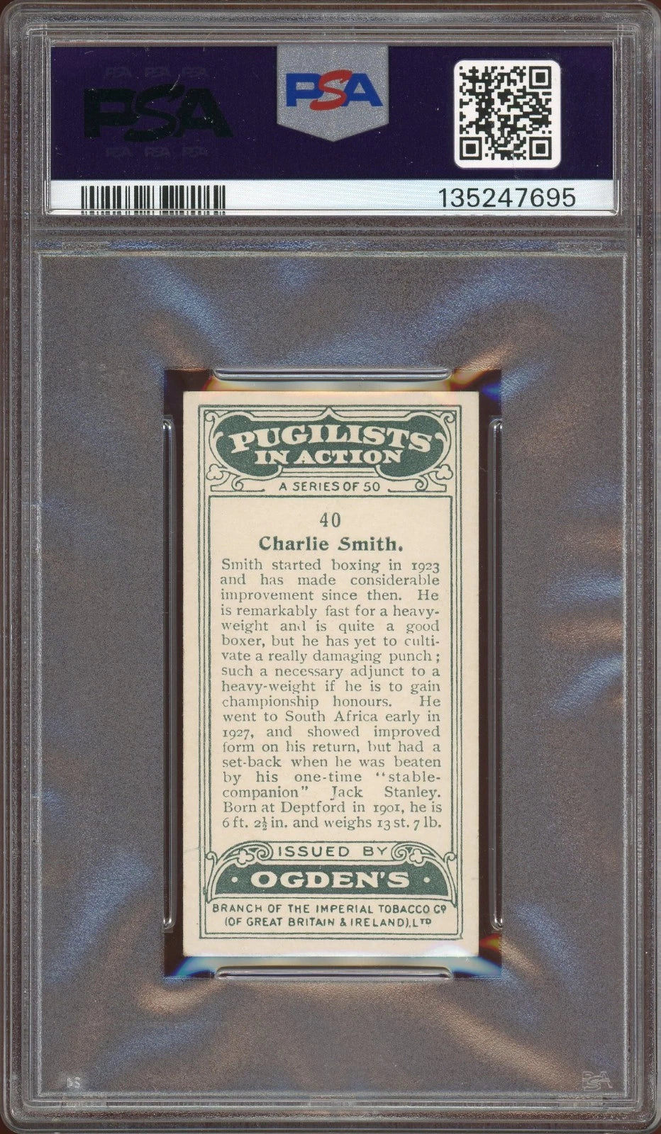 1928 Ogden's LTD #40 Charlie Smith Pugilists in Action PSA 6 EX-MT