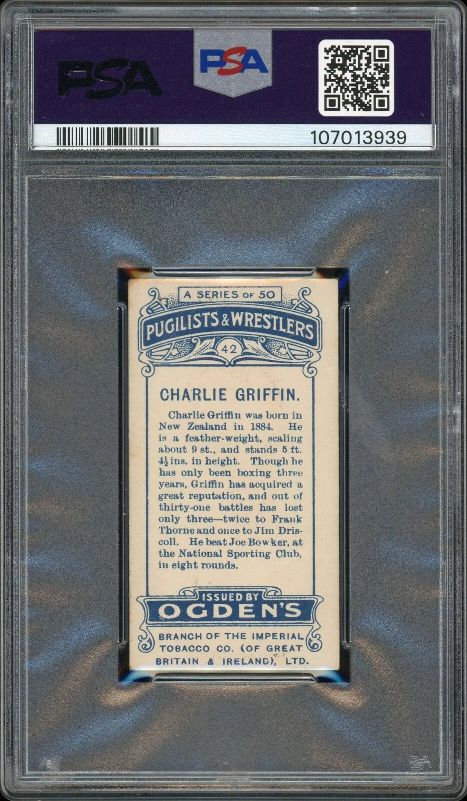 1908 Ogden's LTD #42 Charlie Griffin Pugilists & Wrestlers Cream Back PSA 2 GOOD