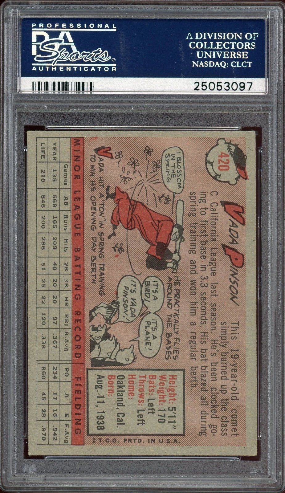 1958 Topps #420 Vada Pinson PSA 6 EX-MT