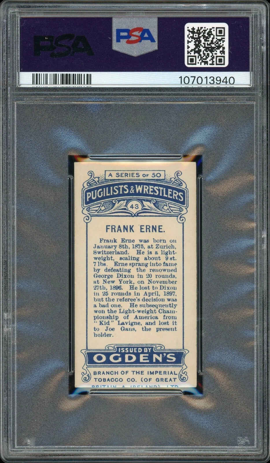 1908 Ogden's LTD #43 Frank Erne Pugilists & Wrestlers Cream Back PSA 4 VG-EX