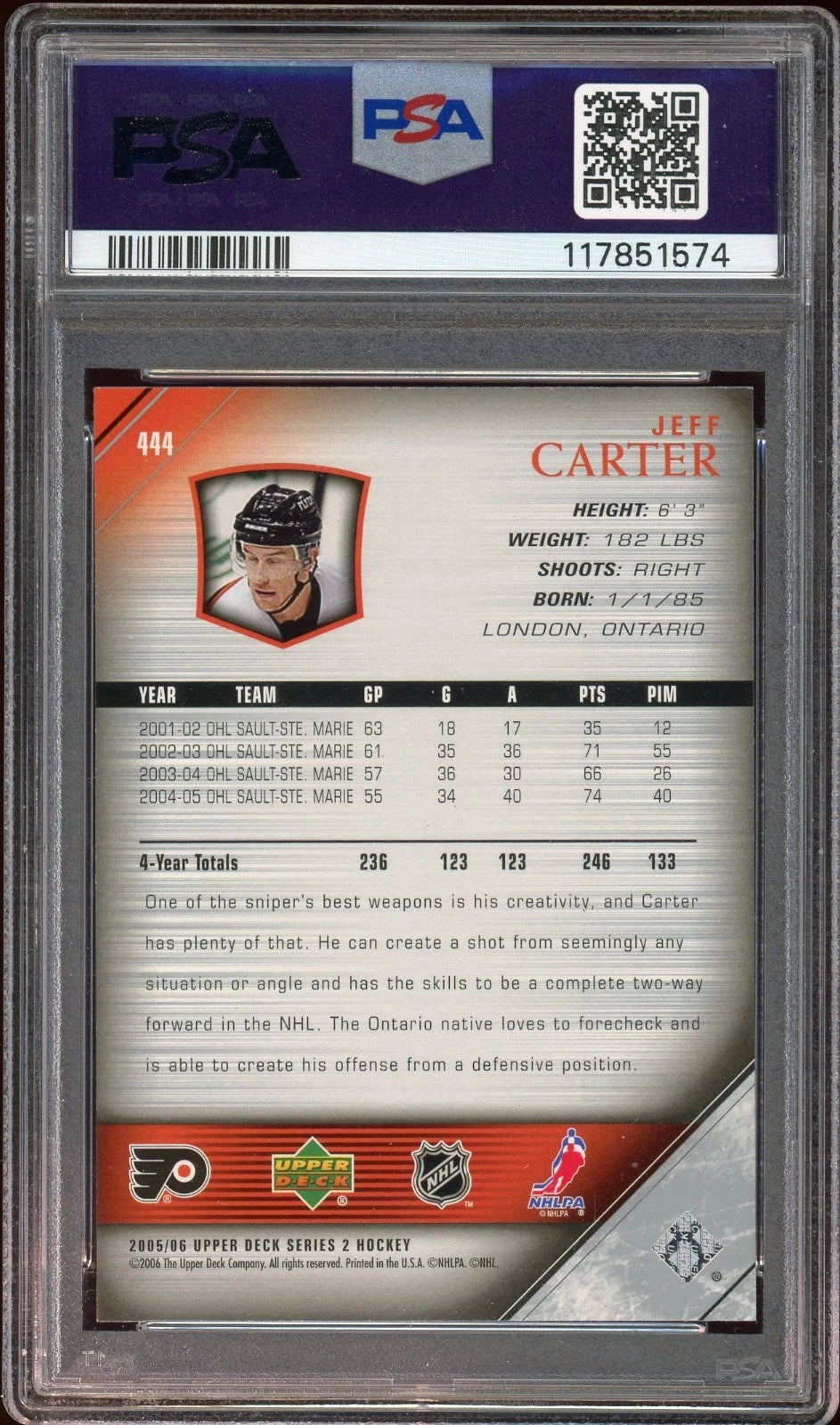 2005 Upper Deck #444 Jeff Carter PSA 9 Mint