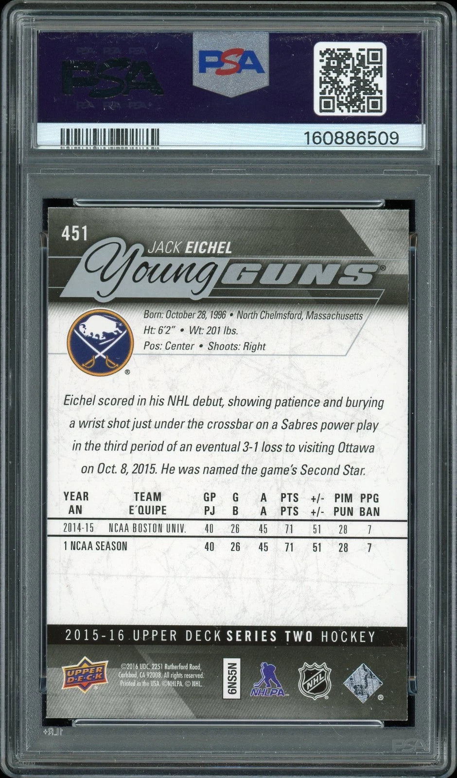 2015 Upper Deck #451 Jack Eichel PSA 9 Mint