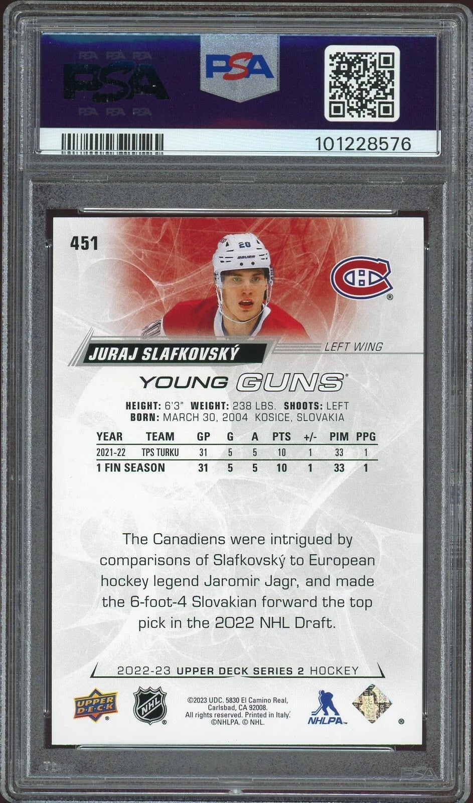 2022 Upper Deck #451 Juraj Slafkovsky PSA 8 NM-MT