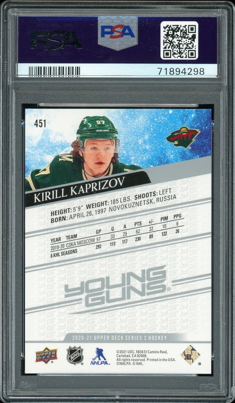 2020 Upper Deck #451 Kirill Kaprizov PSA 9 Mint