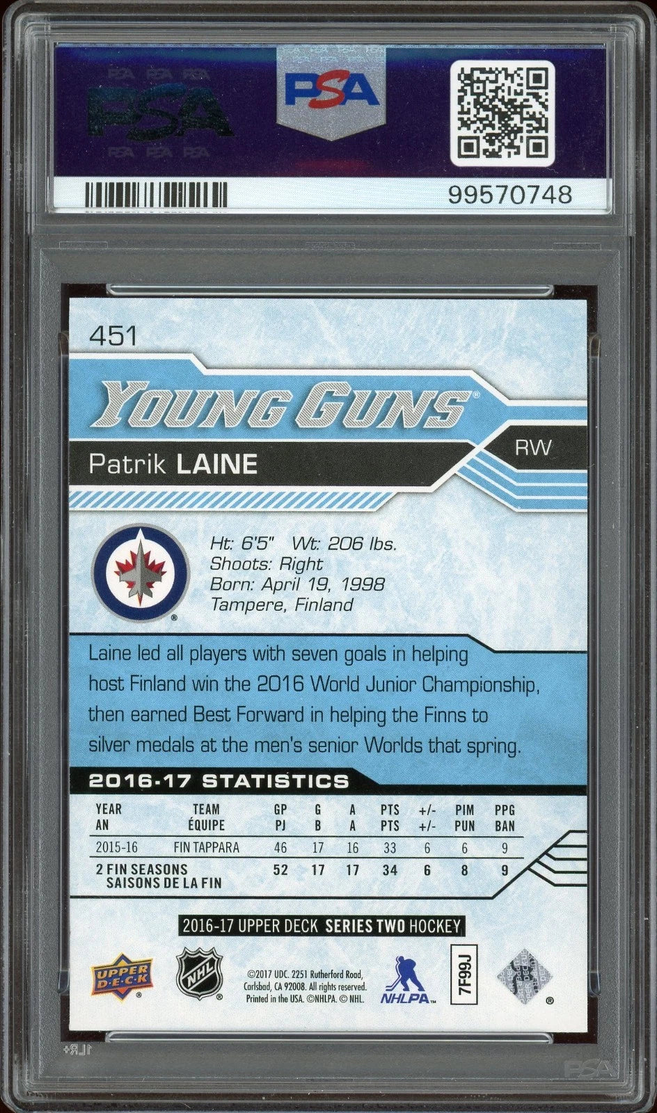 2016 Upper Deck #451 Patrik Laine IP Auto PSA 10