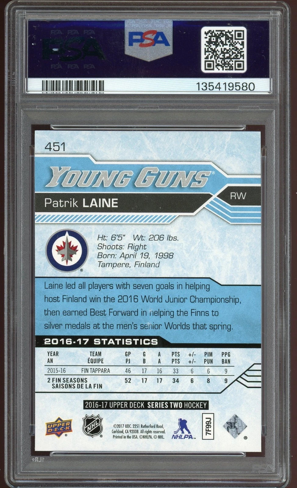 2016 Upper Deck #451 Patrik Laine PSA 9 Mint