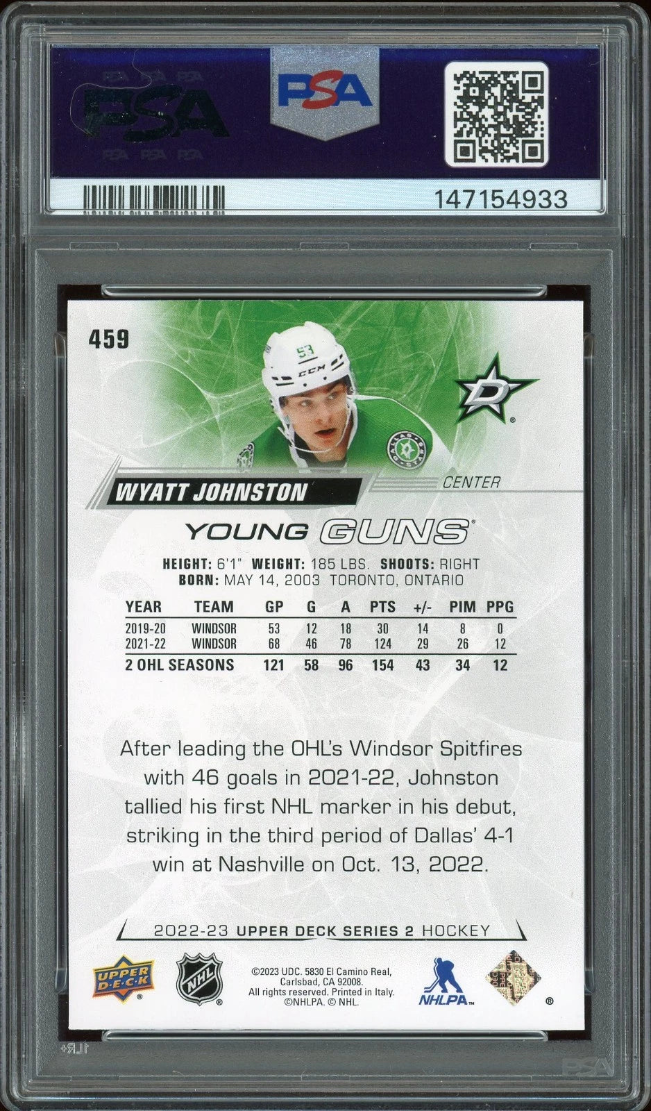 2022 Upper Deck #459 Wyatt Johnston PSA 10 GEM MT