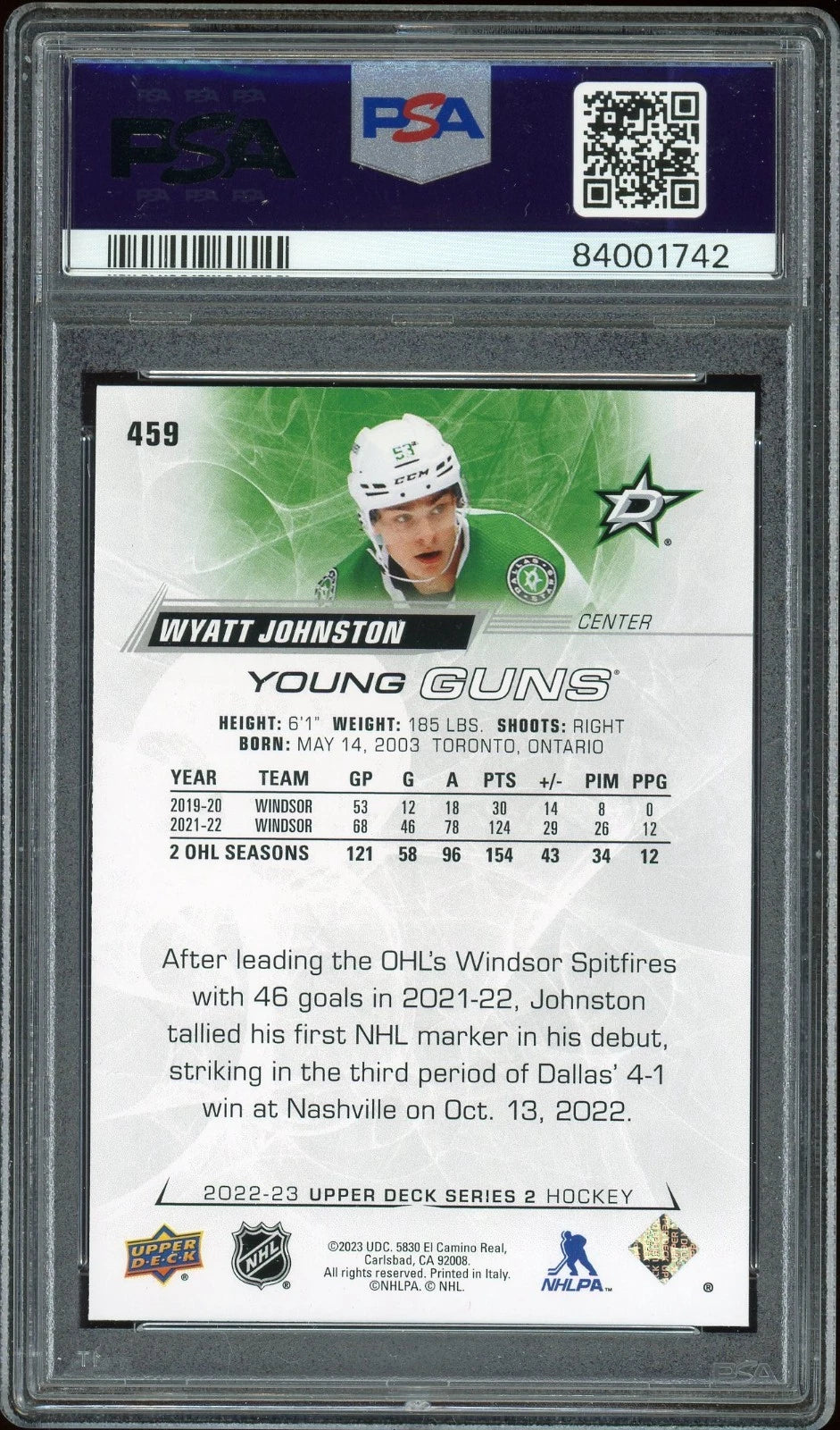2022 Upper Deck #459 Wyatt Johnston PSA 9 Mint