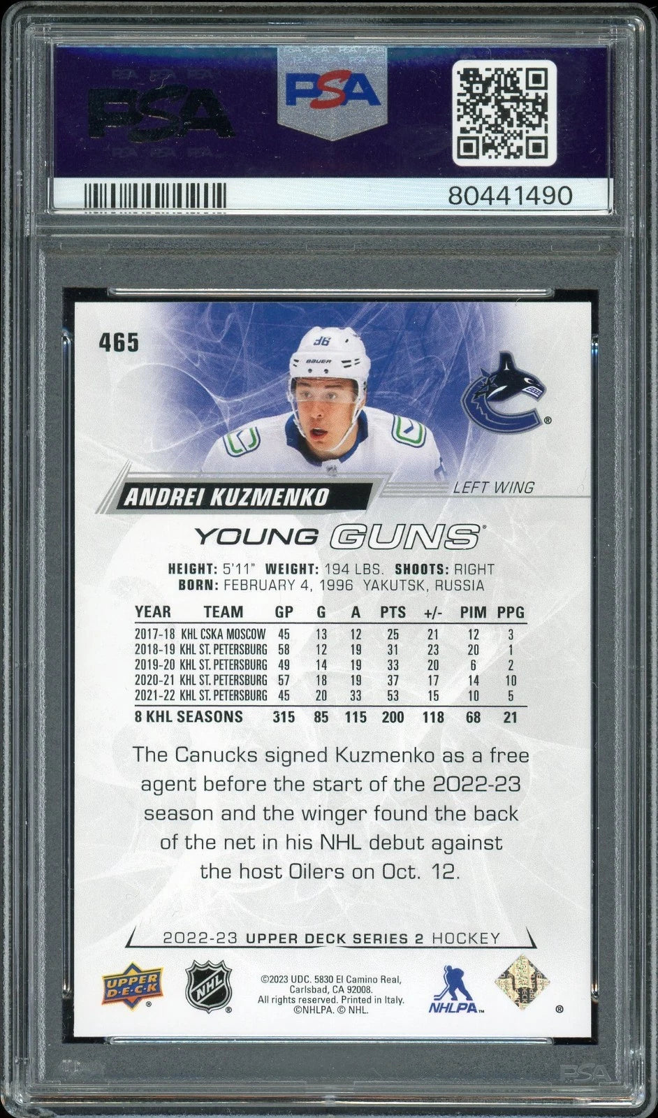 2022 Upper Deck #465 Andrei Kuzmenko PSA 10 GEM MT