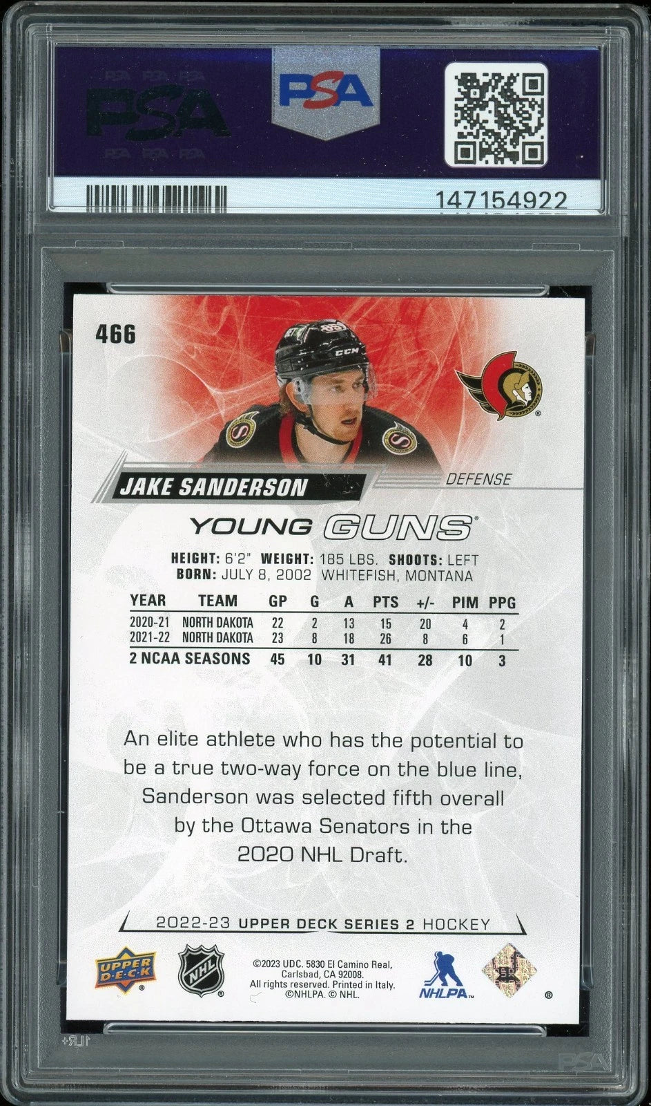 2022 Upper Deck #466 Jake Sanderson PSA 9 Mint