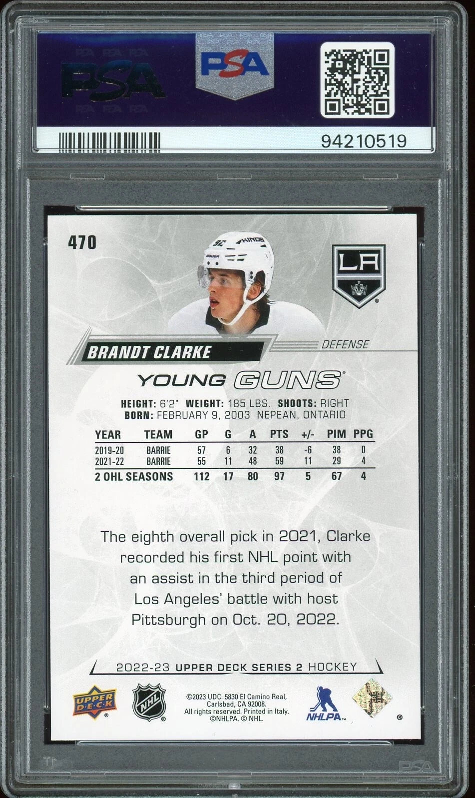 2022 Upper Deck #470 Brandt Clarke PSA 9 mint