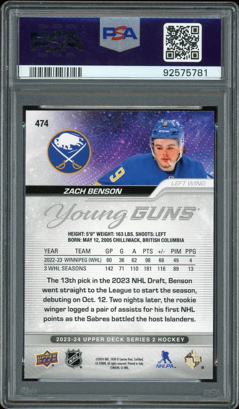 2023 Upper Deck #474 Zach Benson PSA 10 GEM MT