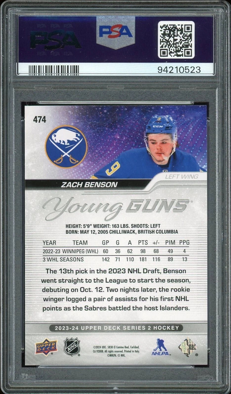 2023 Upper Deck #474 Zach Benson PSA 8 NM-MT