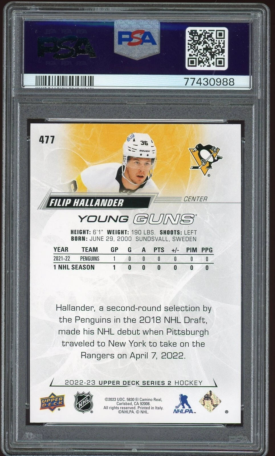 2022 Upper Deck #477 Filip Hallander PSA 10 Gem MT