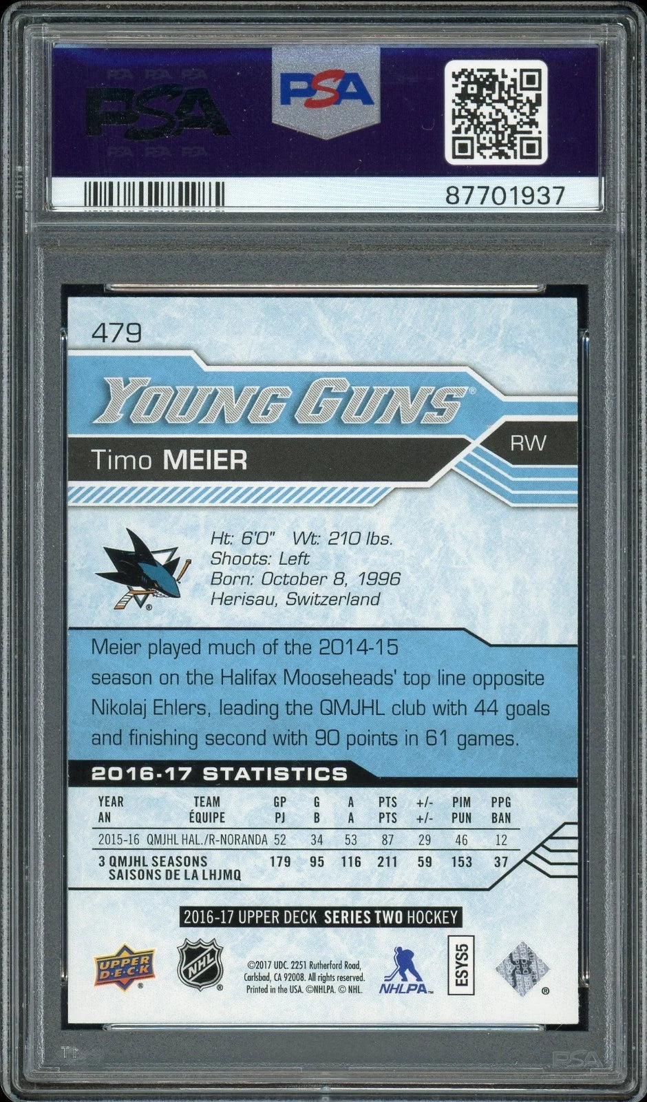 2016 Upper Deck #479 Timo Meier PSA 9 Mint