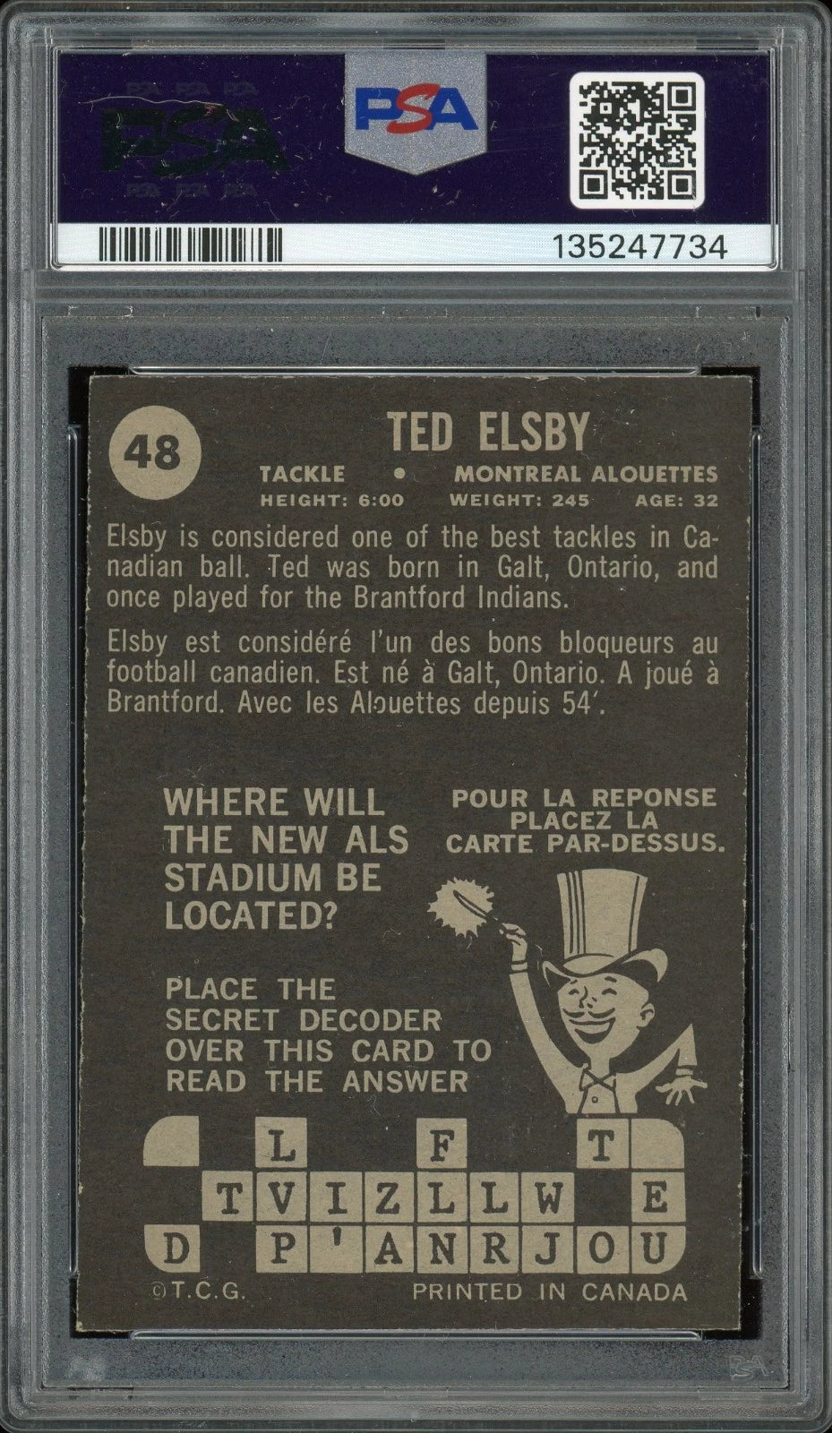 1964 Topps CFL #48 Ted Elsby PSA 6 EX-MT