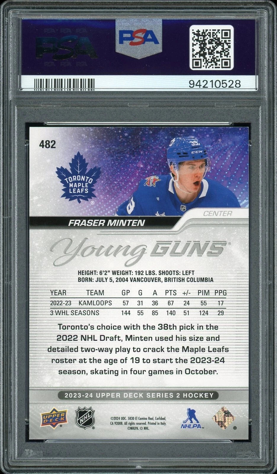 2023 Upper Deck #482 Fraser Minten PSA 9 Mint