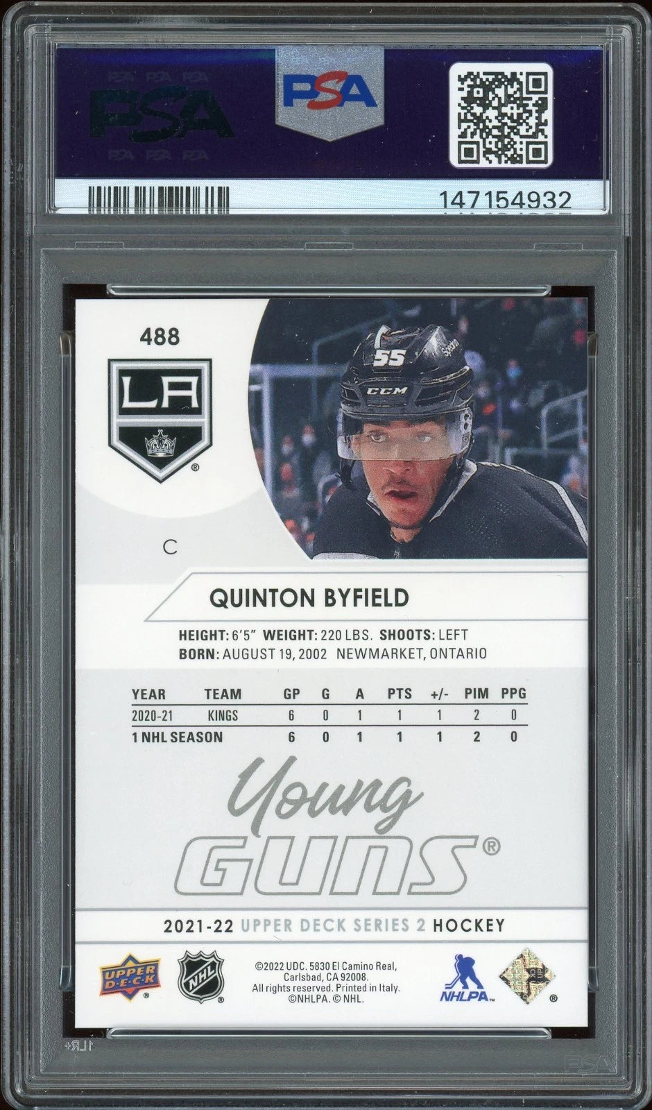 2021 Upper Deck #488 Quinton Byfield PSA 9 Mint
