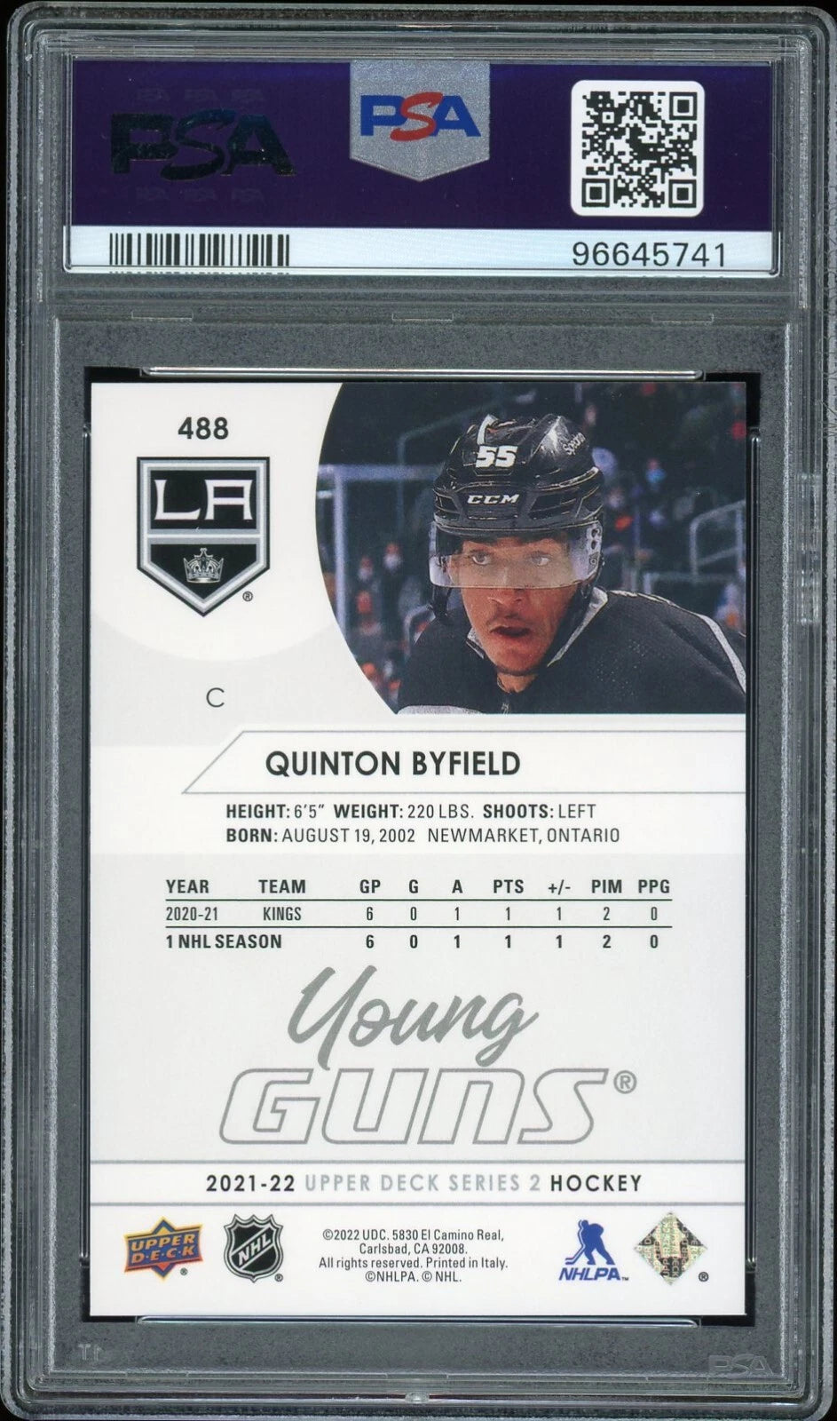 2021 Upper Deck #488 Quinton Byfield PSA 9 Mint