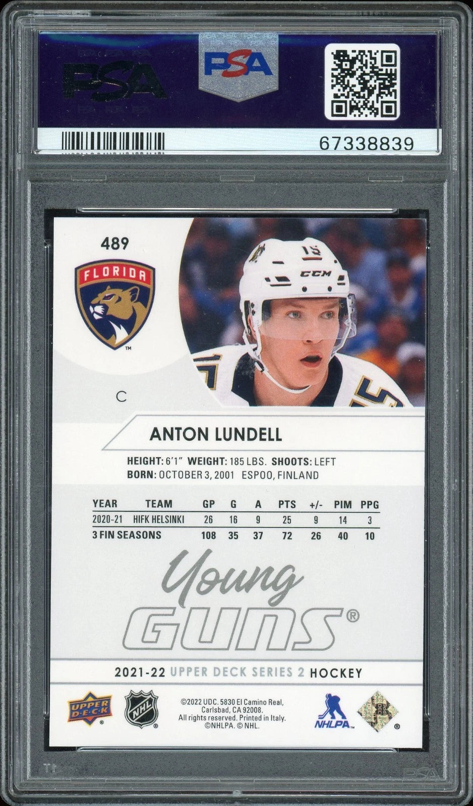 2021 Upper Deck #489 Anton Lundell PSA 10 GEM MT