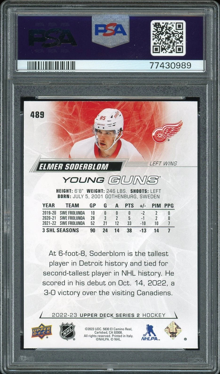 2022 Upper Deck #489 Elmer Soderblom PSA 9 Mint