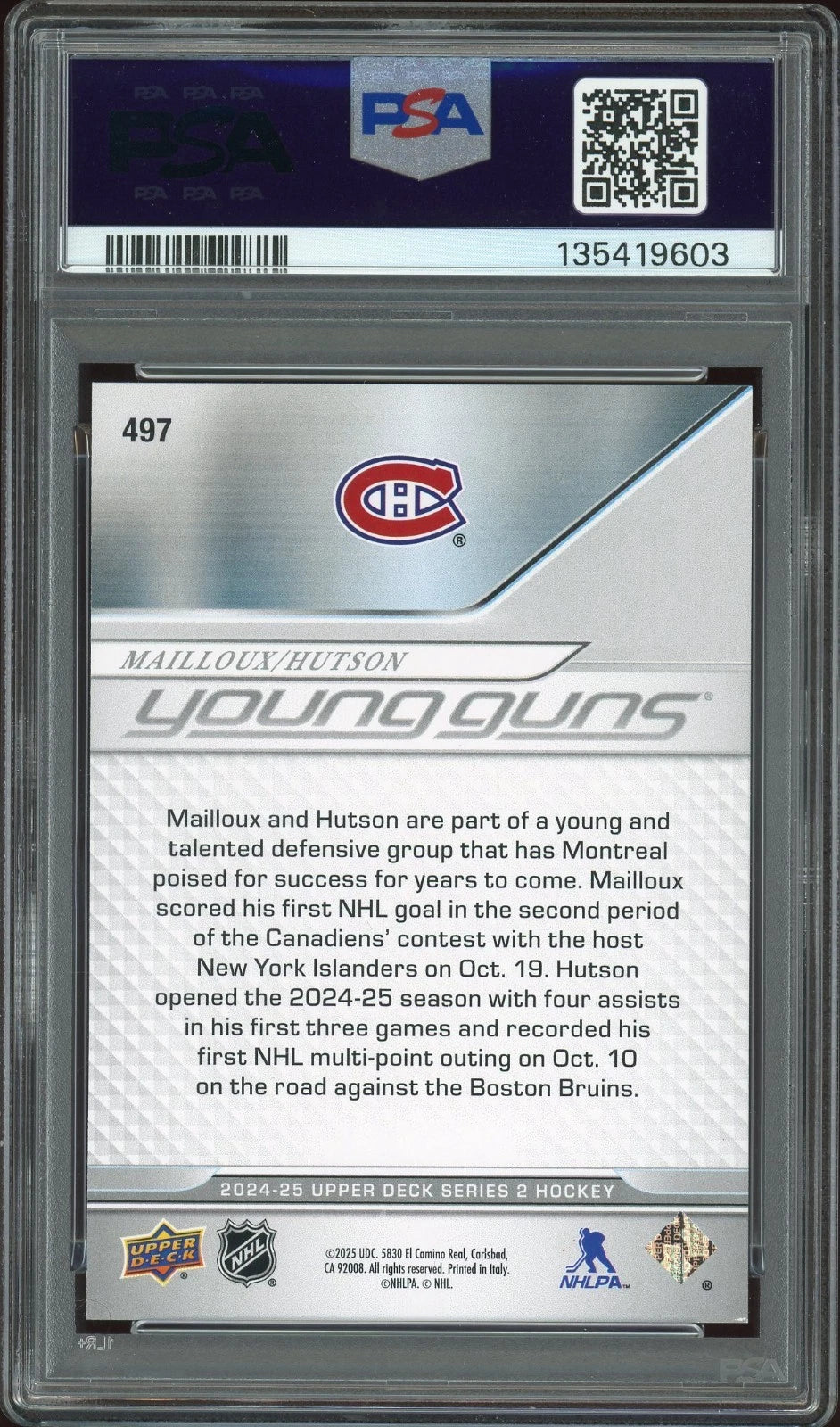 2024 Upper Deck #497 Mailloux / Hutson PSA 9 Mint