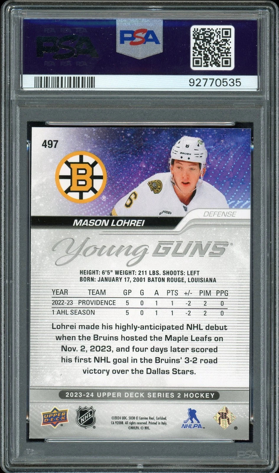 2023 Upper Deck #497 Mason Lohrei PSA 9 Mint