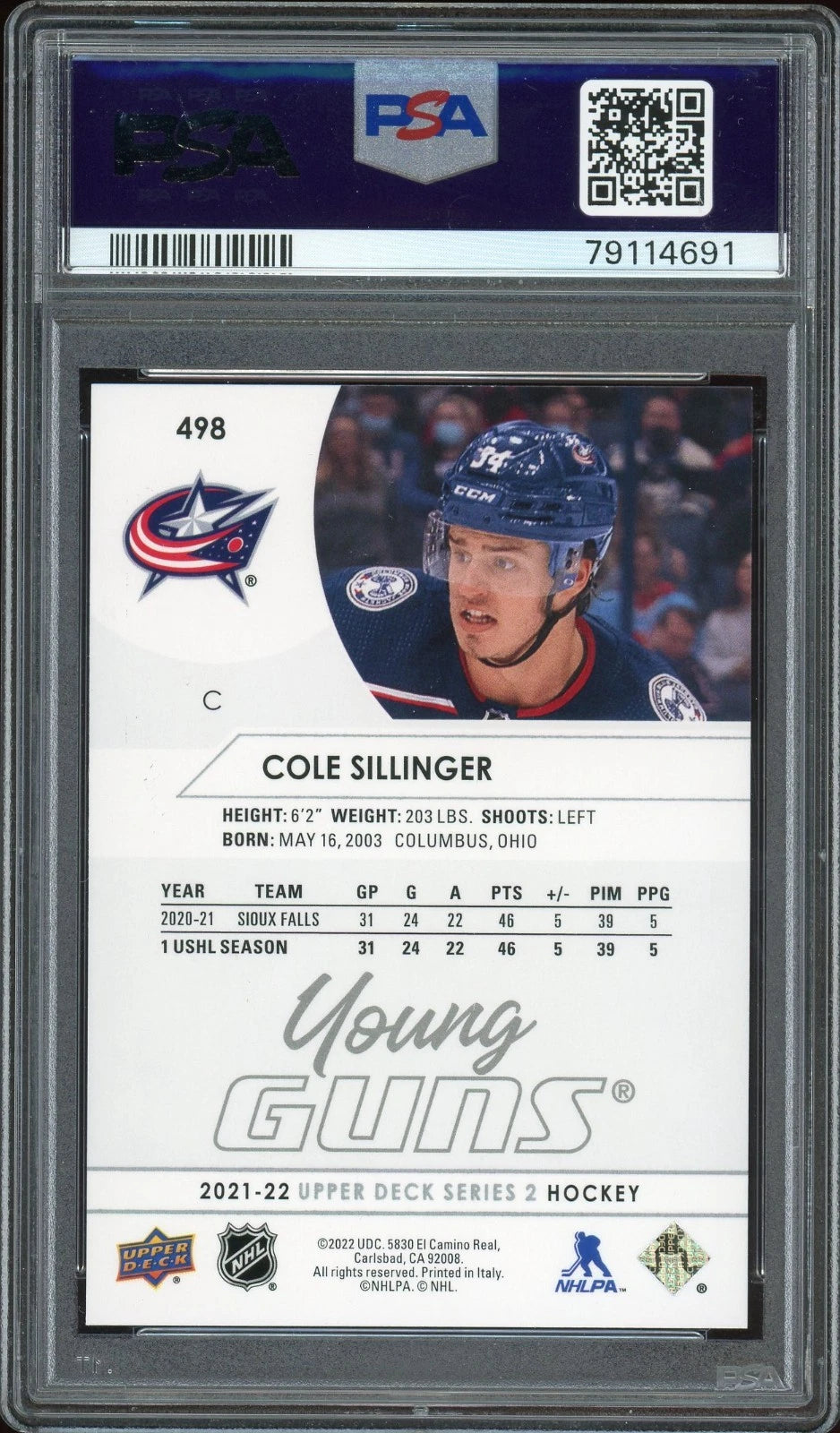 2021 Upper Deck #498 Cole Sillinger PSA 10 GEM MT