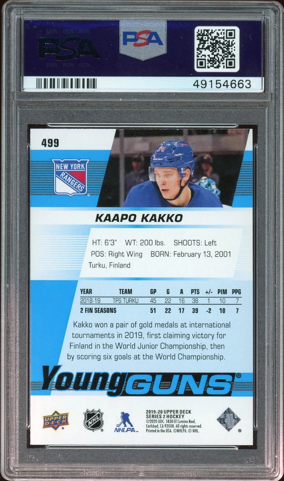 2019 Upper Deck #499 Kaapo Kakko PSA 10 GEM MT