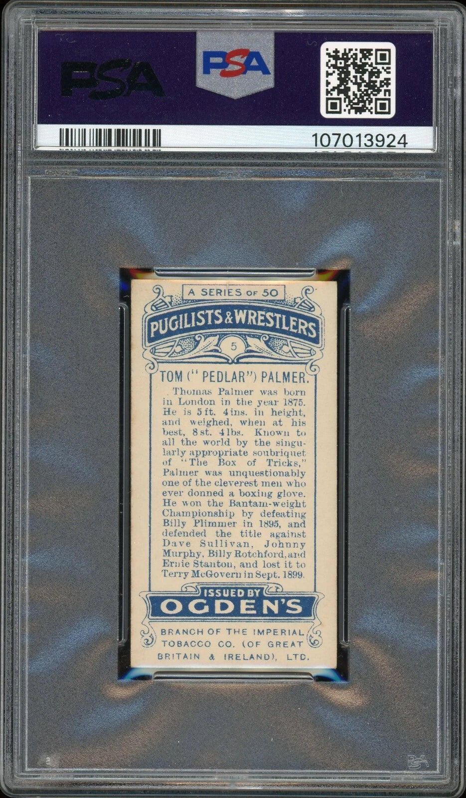 1908 Ogden's LTD #5 Tom "Pedlar" Palmer Pugilists & Wrestlers PSA 2 GOOD