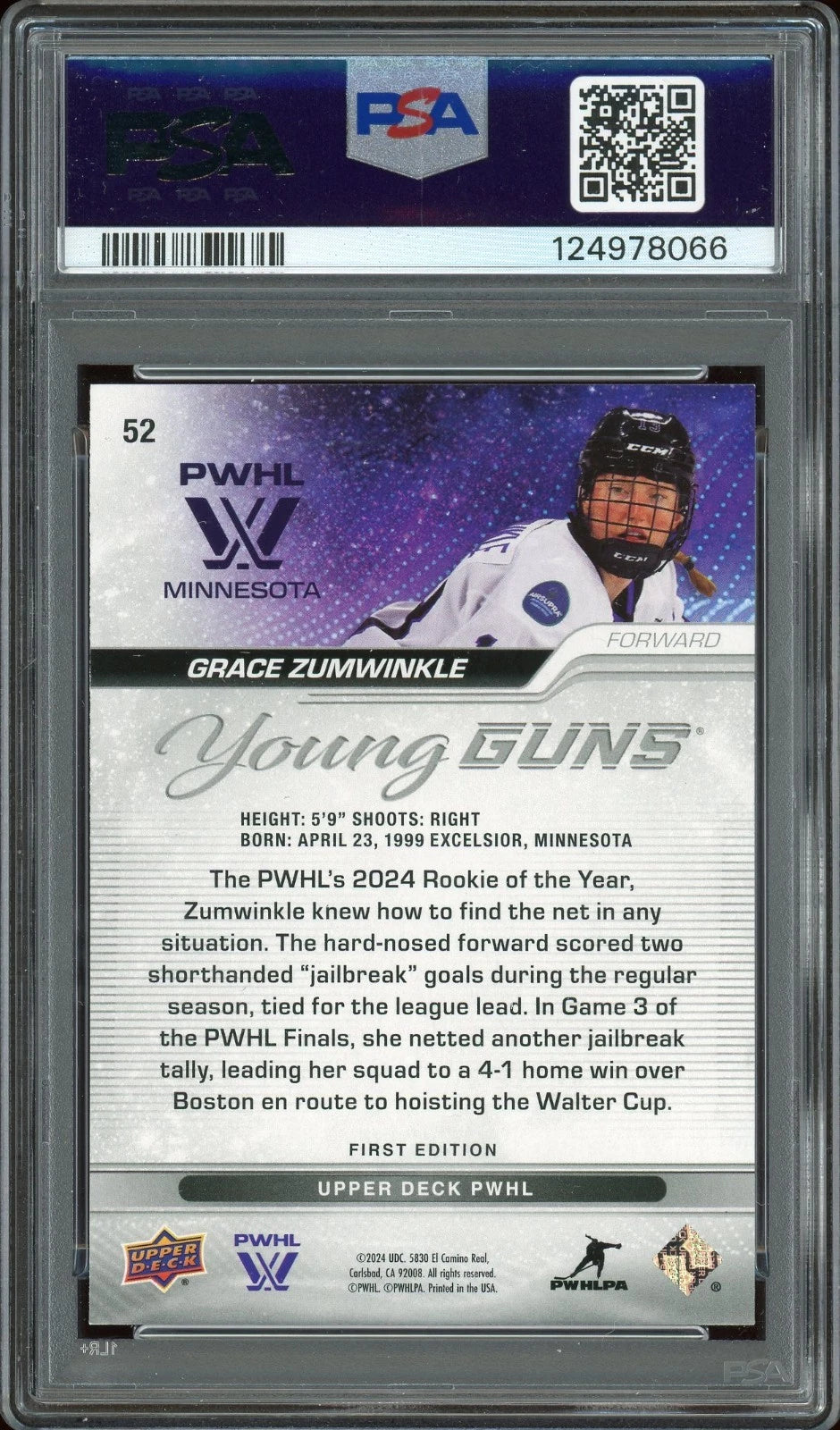 2024 UD PWHL #52 Grace Zumwinkle PSA 9 Mint